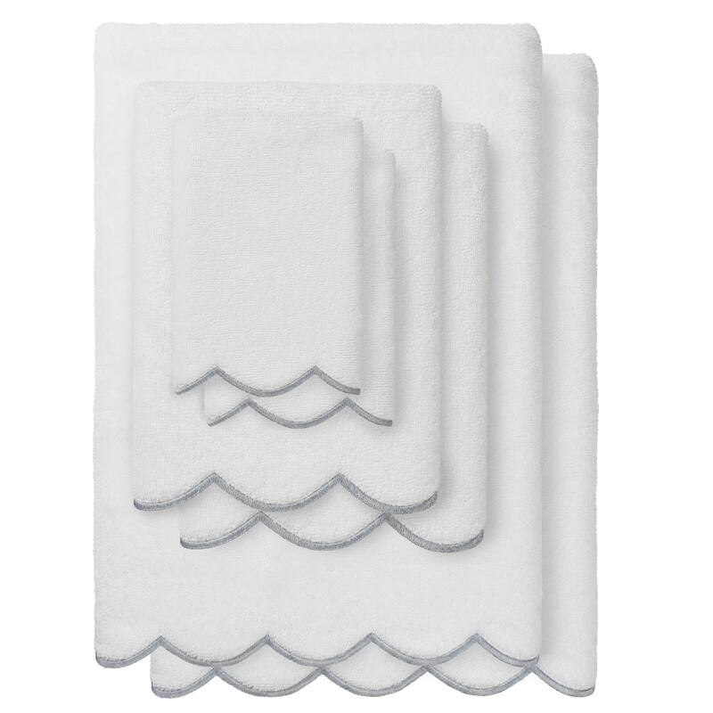 Authentic Hotel and Spa 100% Turkish Cotton ADORNIA Scallop Towel Set - White/Grey - 6 Piece Set