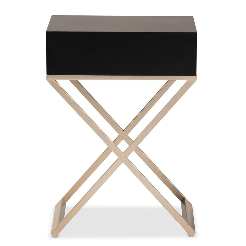 Modern Black Nightstand with Drawer - Wood & Metal Bedside Table, Contemporary Accent Furniture