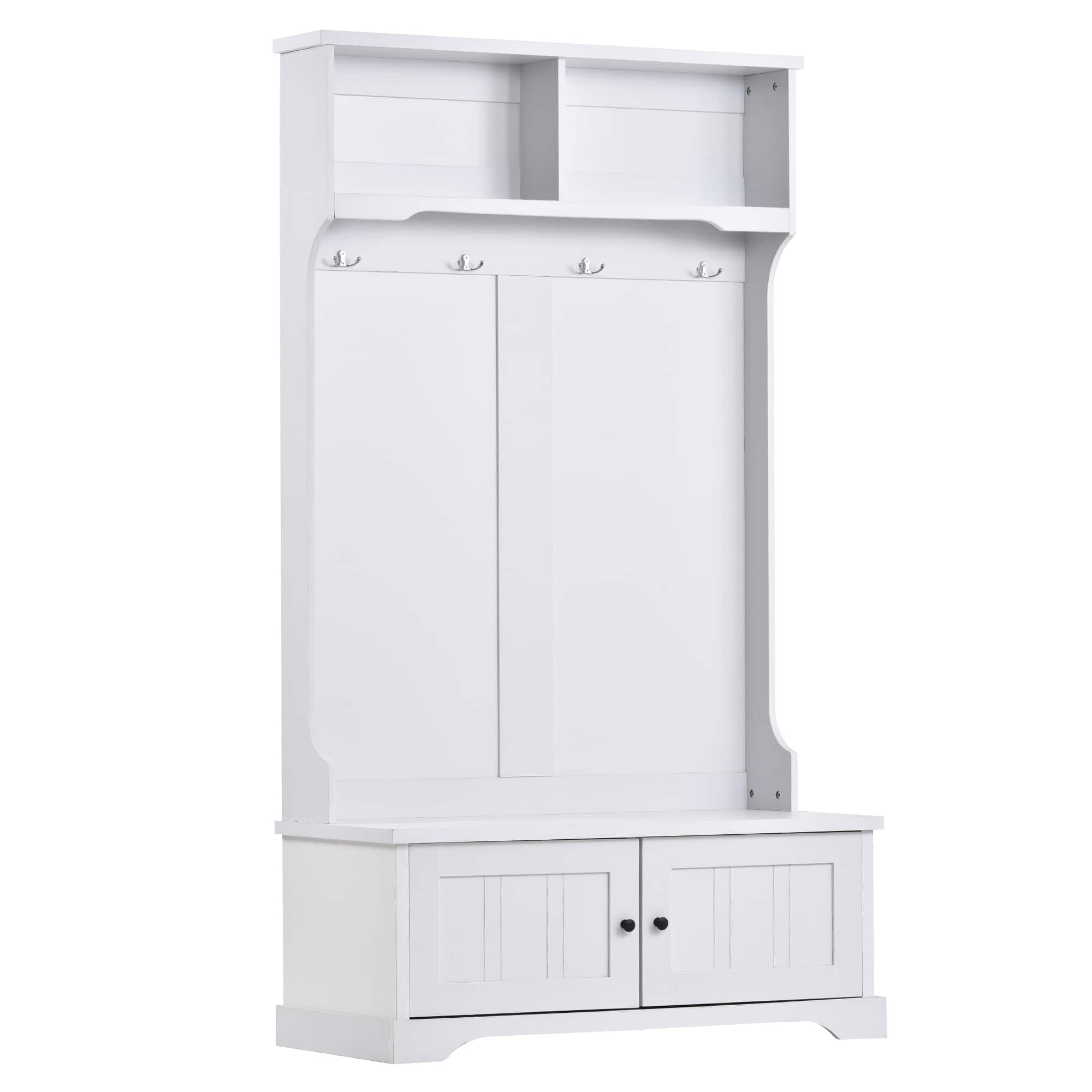 White Entryway Storage Bench with Shelves Cabinet and 4 Hooks - Bed ...