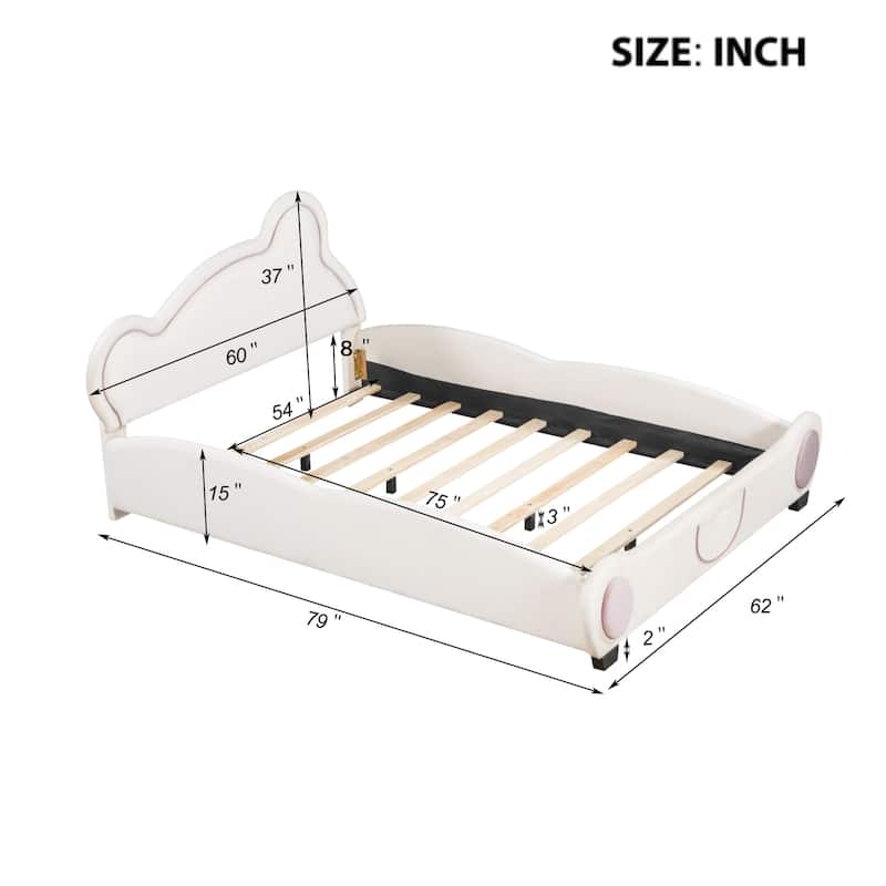 Full Size Velvet Platform Bed with Bear Headboard and Storage Pocket