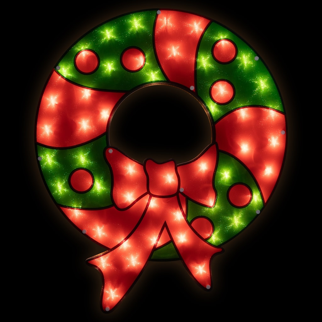 23" Lighted Red and Green Christmas Wreath Window Silhouette