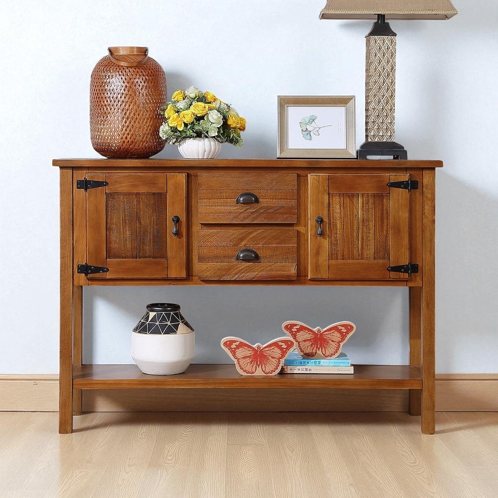 48" Solid Wood Console Table with 2 Drawers & Cabinets, Retro Style Storage Buffet for Kitchen & Dining