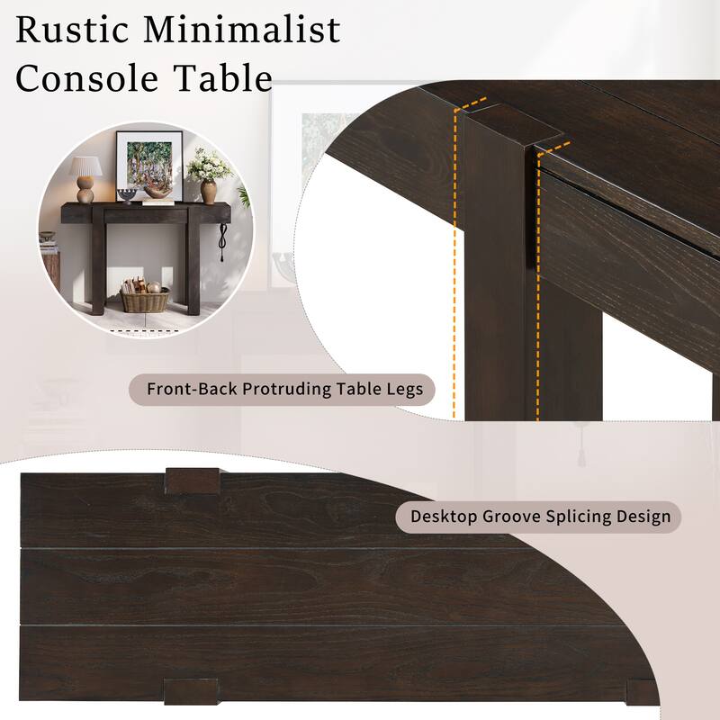 Rossetta Wooden Rustic-Minimalist Charm Console Table with Side Power Outlet and Hidden Drawer