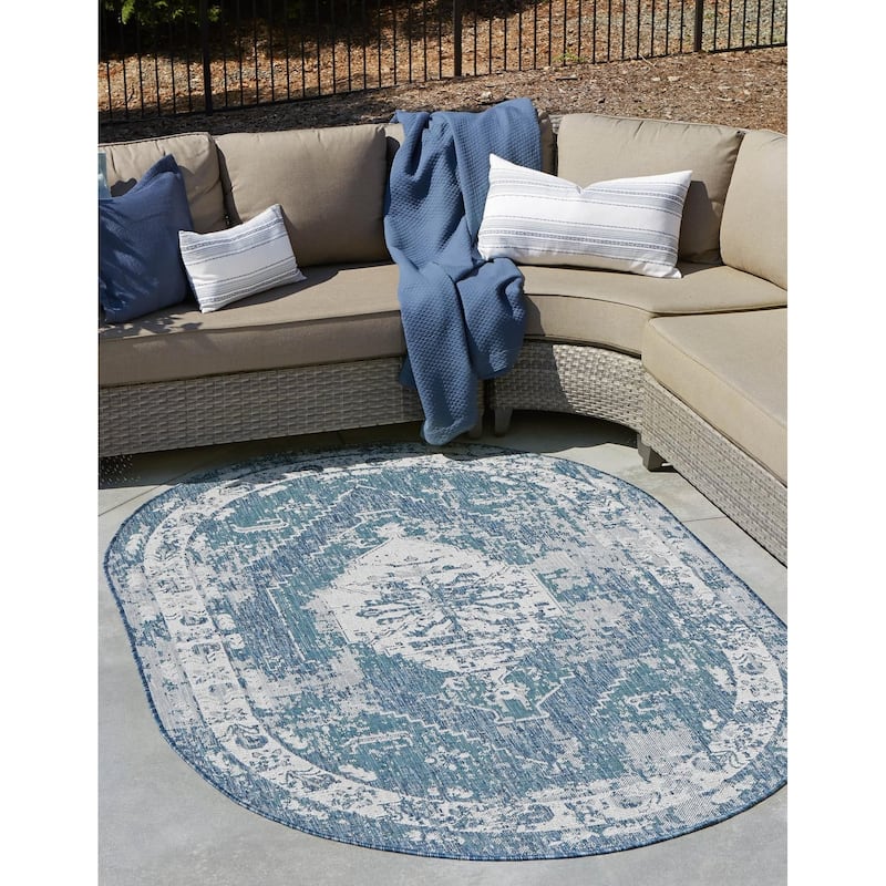 Outdoor Nirie Collection Area Rug - Blue - 5'3"x7'10" Oval