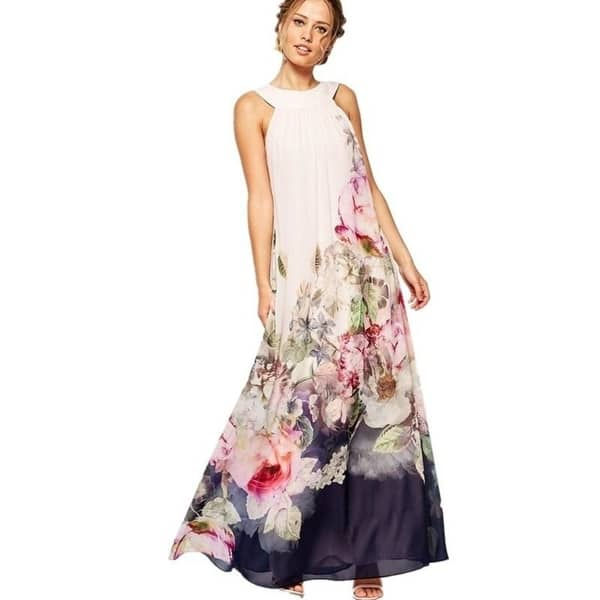 Boho Style 2017 Chiffon Beach Dress Women Floral Printing Summer Sleeveless Hanging Neck Sundress Hot Ladies Maxi Dresses