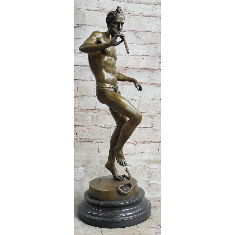 Signed Imitative Snake Charmer By Bourgeois Bronze Sculpture Marble Base Figurine Figure