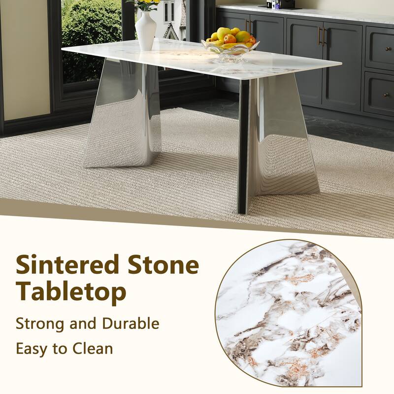 5-Piece Dining Table Set with Marble Pattern, Chair With Arched Metal Silver Leg, Adjustable Feet and Non-slip Pads Black