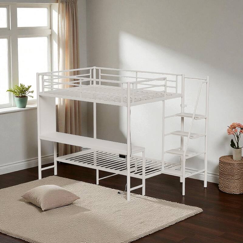 Full Size Loft Bunk Bed with Twin Space, Desk, RGB LED Lights, Charging Station, Storage Shelves and Safety Guardrails