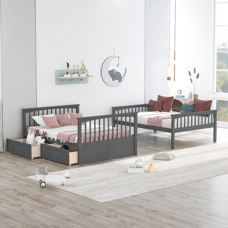 Full over Full Bunk Bed with Drawers, Convertible Beds