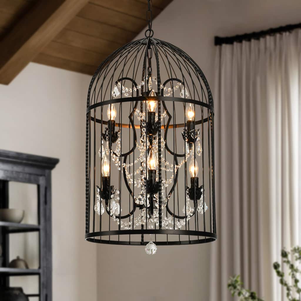 Vintage Industrial Birdcage Crystal Chandelier with Black Metal Cage and Crystal Accents - W17.72"