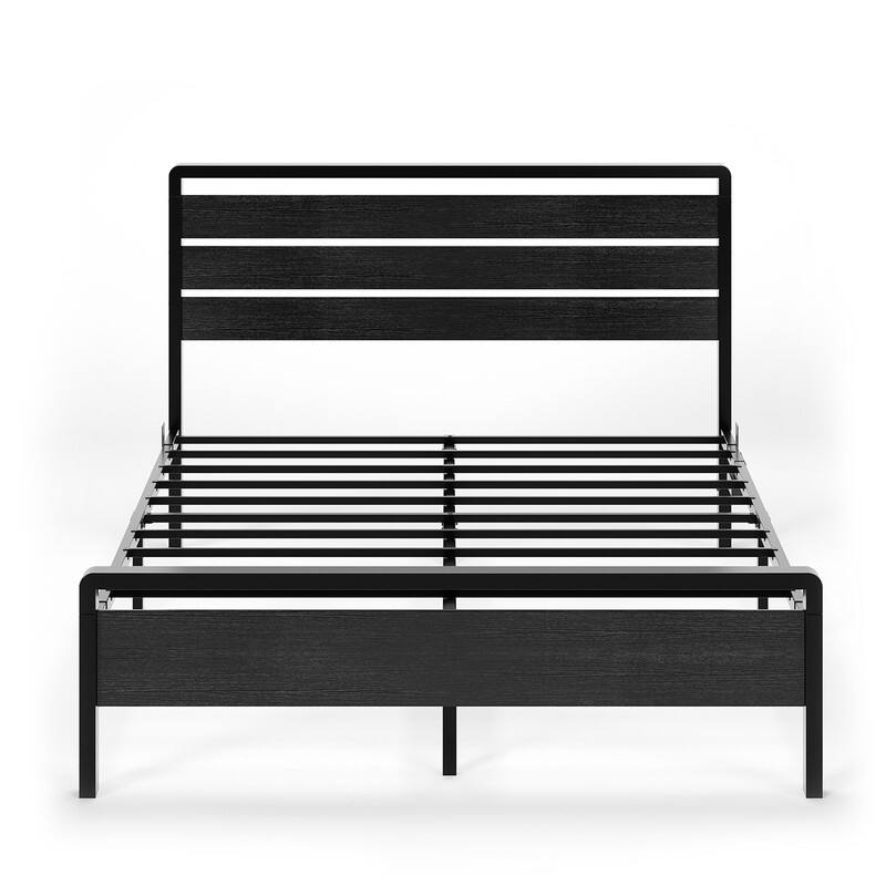 Bed Frame with LED Light and Charging Station, Metal Platform Bed with Wood Headboard