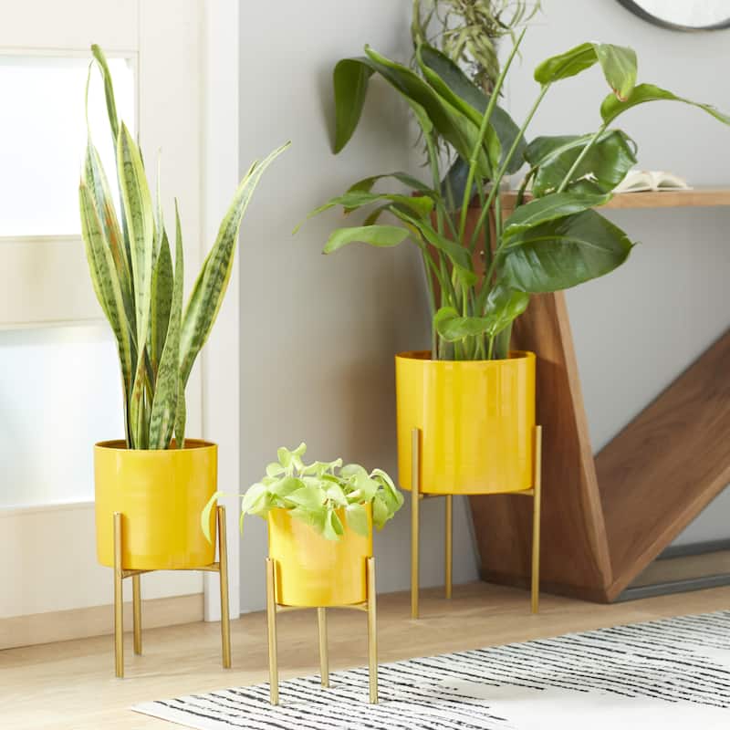 Metal Indoor Outdoor Planter with Removable Stand - Set of 3 Gold, Silver, Black, White, Teal, Yellow - Roche River Decor