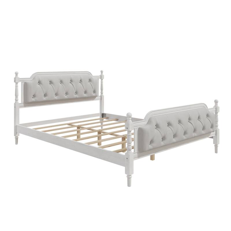 Queen Size Solid Wood Bed Frame with Upholstered Tufted Headboard