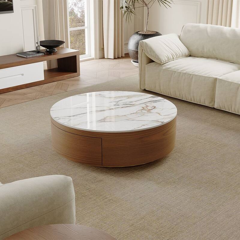 Modern Drum Coffee Table with Oak Veneer, Sintered Stone Coffee Table with 2 Solid Wood Drawers, Fully Assembled, White