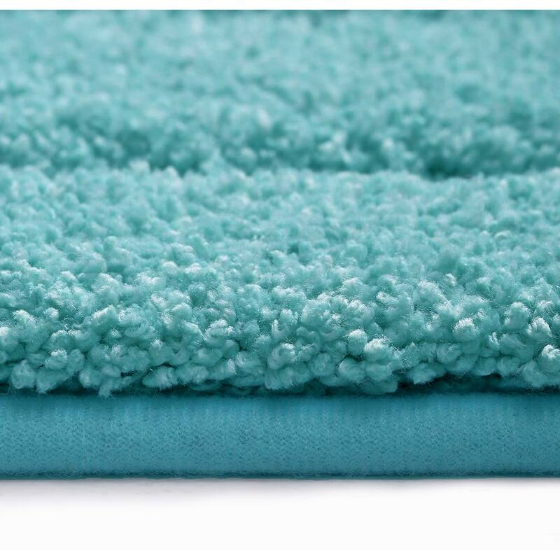 Blue 2 Piece Bordered Box Plush Soft Cozy 100% Polyester Bath Mat Set