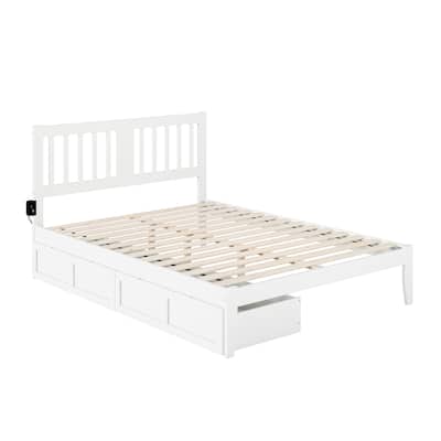 Bed with USB Charger & Drawers - Solid Wood Platform Bed - White Inspired Design