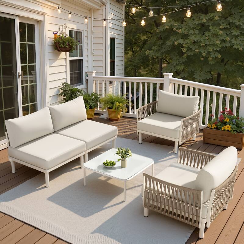 Outdoor Patio Aluminum PE Rattan Free Combination Sectional Sofa Conversation Seating Set - 4Seats - Beige