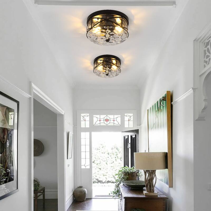 2-Light Flush Mount Glass Ceiling Light with Metal Frame - N/A