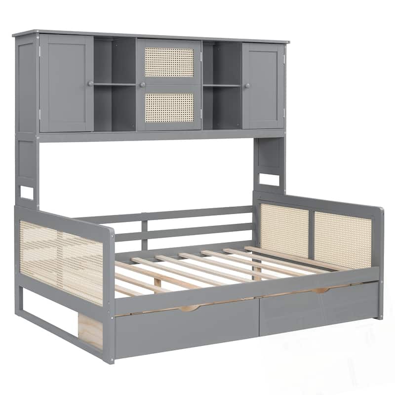 Wooden Daybed With 2 Drawers and All-in-One Cabinet and Shelf