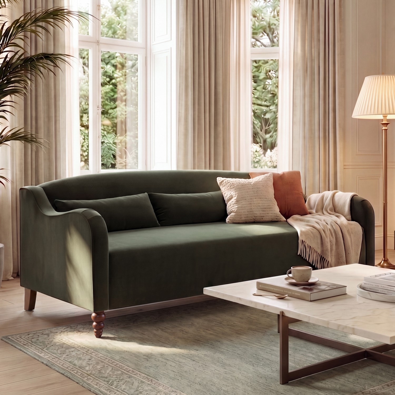 78" Velvet 3-Seater Sofa with Pillows and Wood Legs