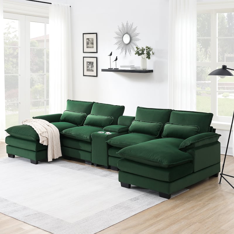 123*55" Modern U-shaped Sofa with Console,Cupholders and USB Ports, Upholstered ,Sleeper Couch Set with Chaise