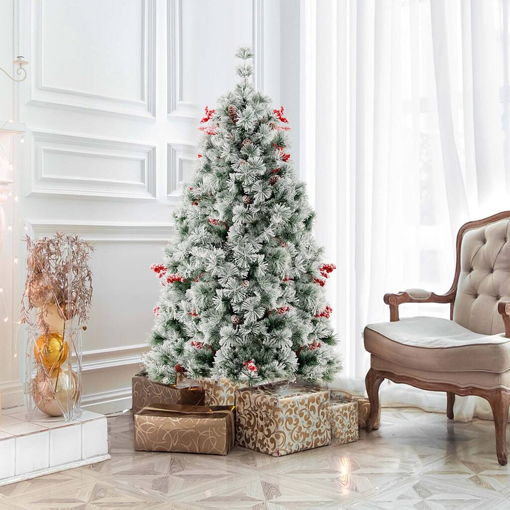 4.5 FT Pre-Lit Flocked Christmas Tree Hinged Artificial Xmas Décor