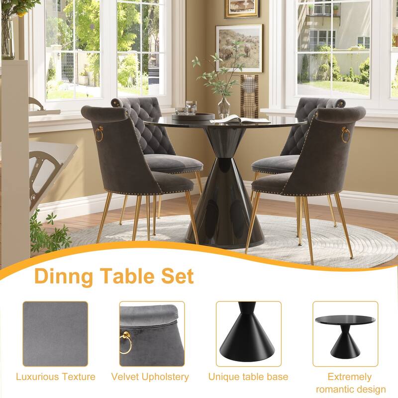 48" Light Luxury Black High Gloss Large Countertop Dining Table with Velvet Dining Chair Set