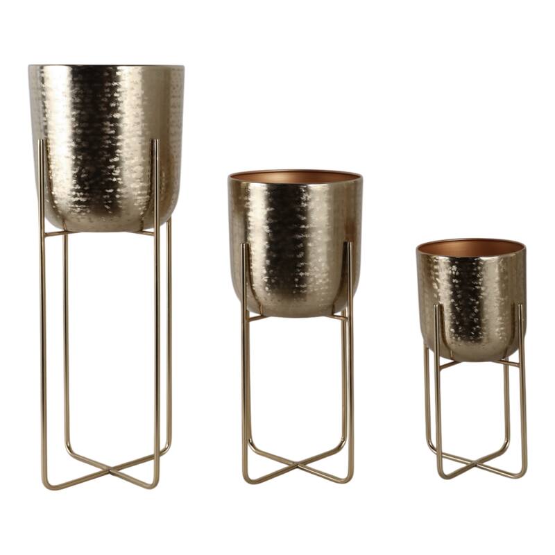 Metal Planters Hammered Design Modern Geometric Stands (Set of 3) - Gold - 9.75" x 9.75" x 27"