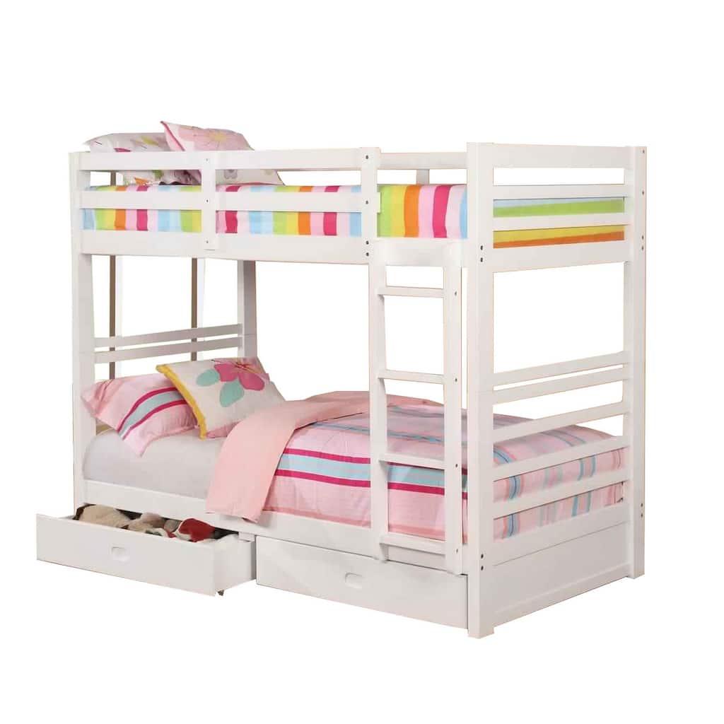 Transitional Twin Over Twin Bed with Attached Ladder and Drawers, White