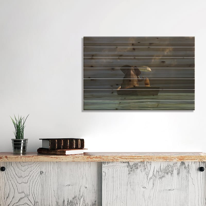 Elephant And Dog Are Floating In A Boat II Print On Wood by Mike Kiev - Multi-Color