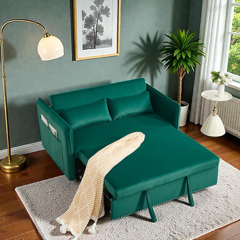 3 in 1 Convertible Sleeper Sofa Bed, Velvet Futon Loveseat with Pull Out Bed, Adjustable Backrest and Side Pockets