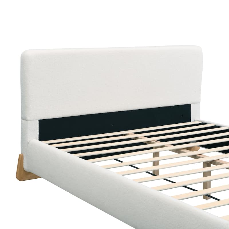 Luxury Boucle Bed Frame, Upholstered Platform Bed with Solid Wood Feet