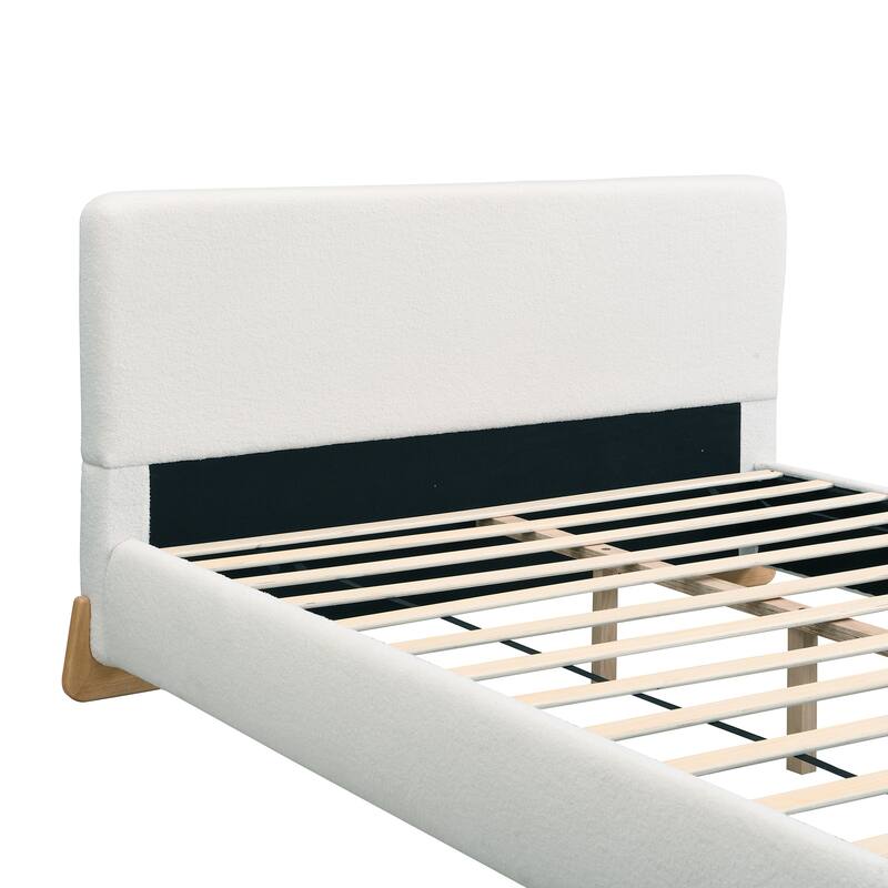 Roomfitters Full Size Boucle Upholstered Bed Frame, Modern Platform Bed with Wood Slats, White
