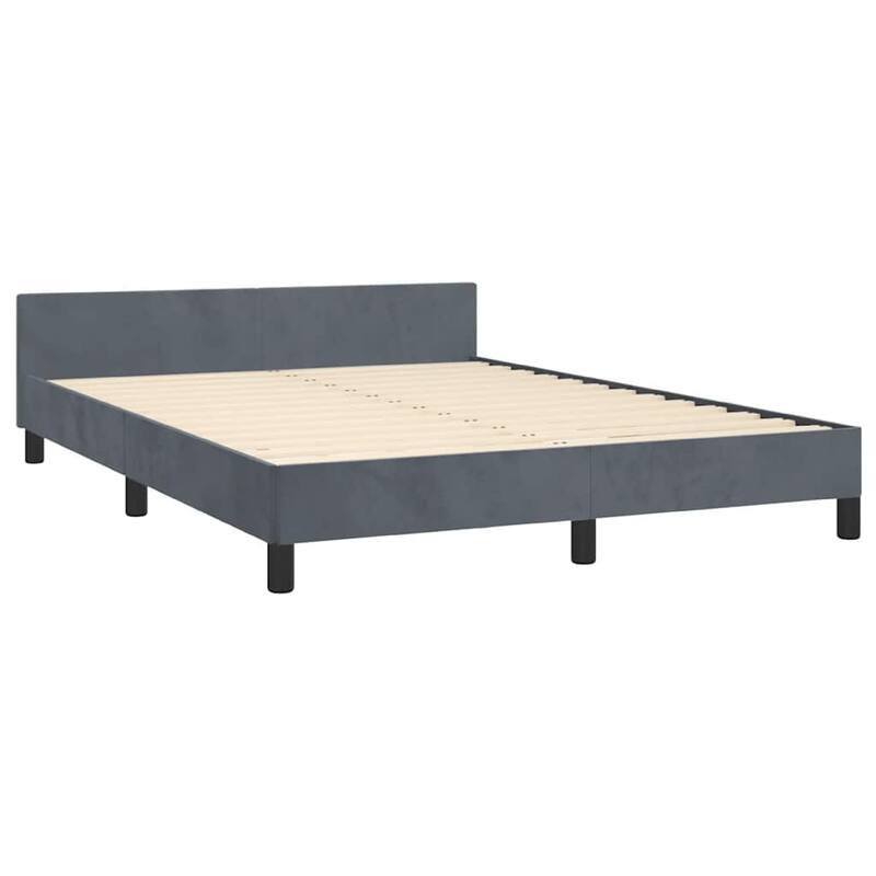 Moa Full Size Bed Frame, Low Profile Headboard, Dark Gray Velvet Upholstery