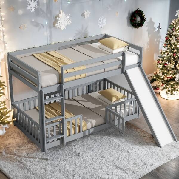 slide 2 of 11, Grey Twin Over Twin Wood Floor Bed Bunk Bed with Convertible Ladder and Slide for Home Grey