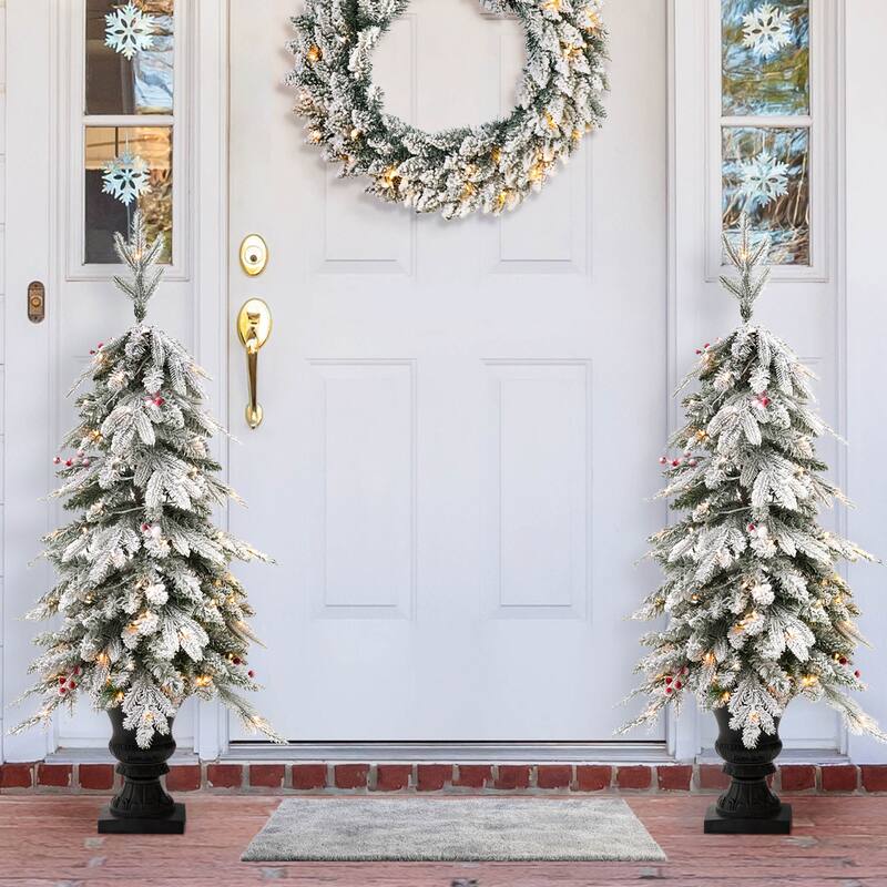 Glitzhome 4FT/5FT Pre-Lit Flocked Fir Artificial Christmas Potted Porch Trees
