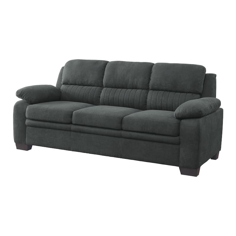 Hugh 80 Inch Sofa, Dark Gray Polyester, Soft Foam Cushioned, Solid Wood