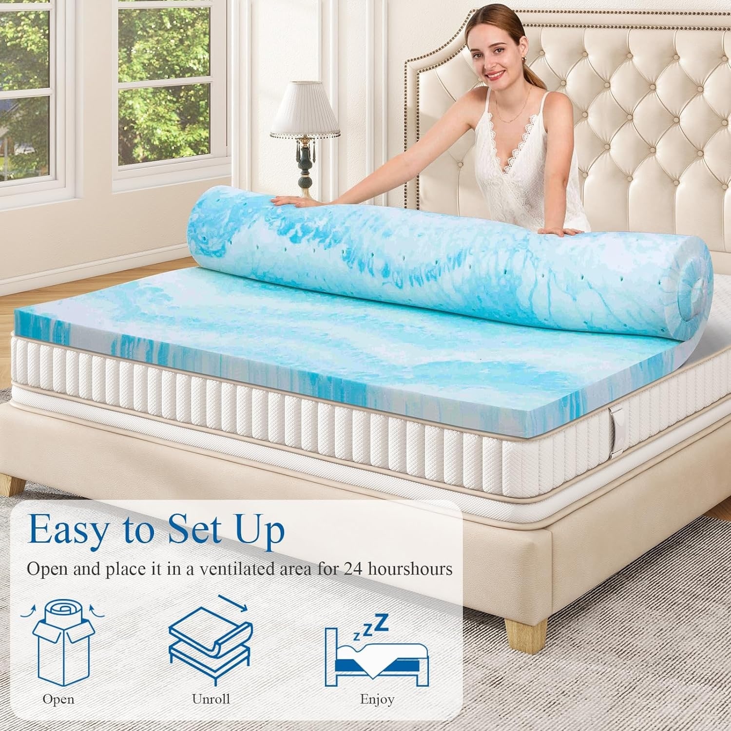 Mattress Topper - 3 Inch Memory Foam Mattress Topper Twin XL Cooling Gel Infusion - Ripple Blue