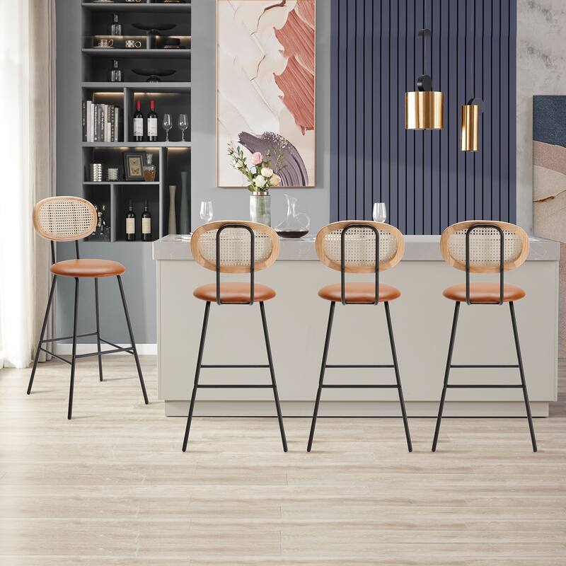 Stools Set of 2, Bar Stools, Indoor Metal Counter Height Barstools, Leather Counter Stool with Rattan Backrest - Brown