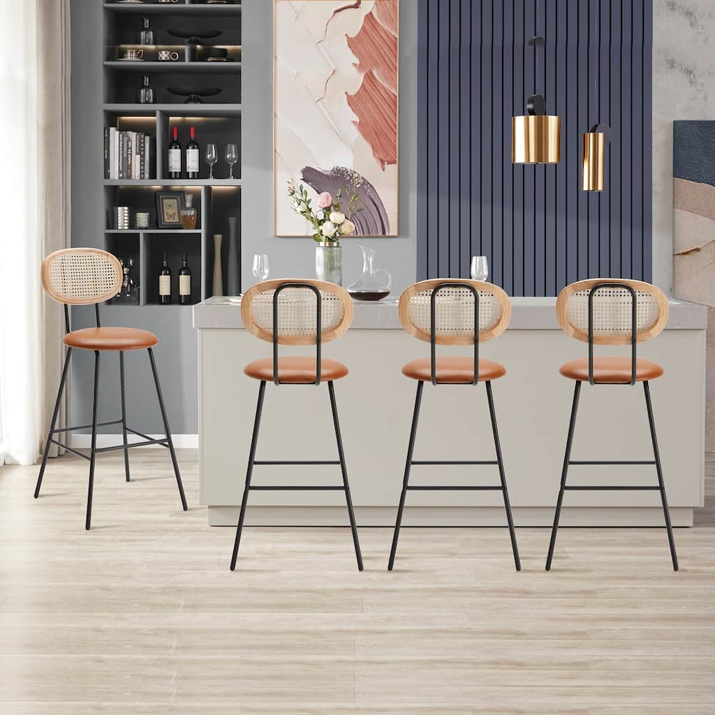 Stools Set of 2, Bar Stools, Indoor Metal Counter Height Barstools, Leather Counter Stool with Rattan Backrest