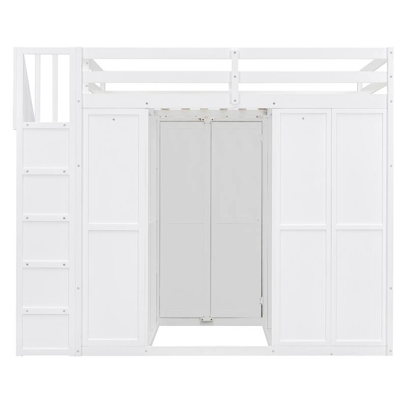 Full Size Loft Bed with Wardrobe & Desk - Space Saving Bed Frame with Built-in Shelves, for Bedroom, Dorm & Small Spaces