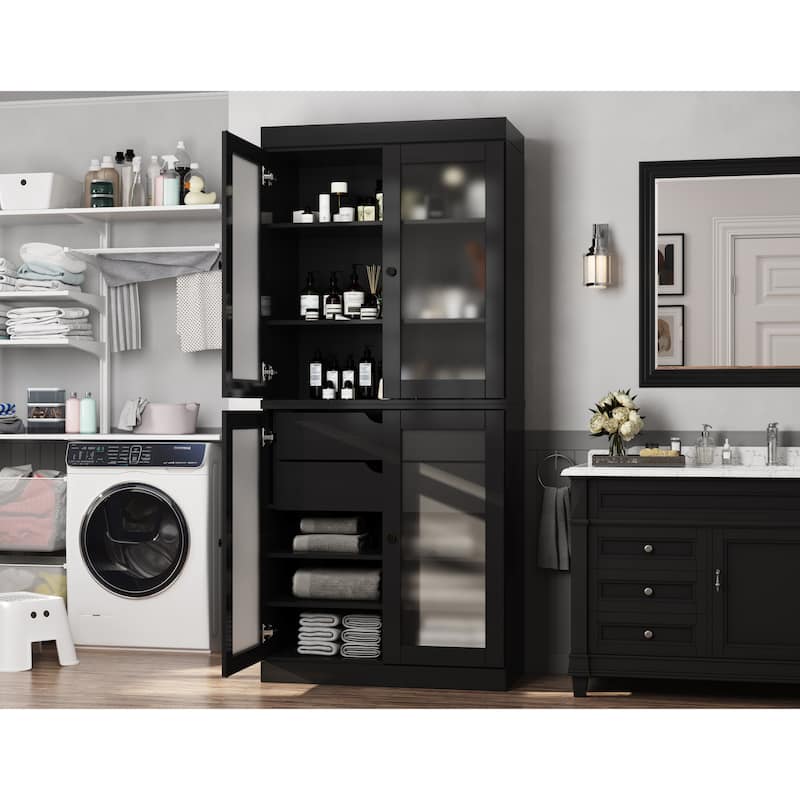 Palace Imports 100% Solid Wood 32" Bathroom Cabinet with Frosted Glass Doors, 2-Drawers and Adjustable Shelves - Black