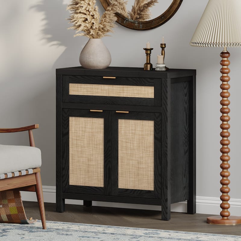 SICOTAS Farmhouse Rattan Sideboard Storage Cabinet with Drawer - N/A - Black