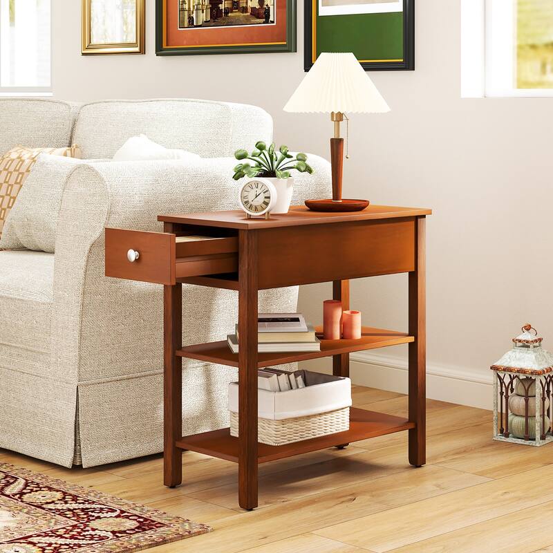 Gymax 2 PCS Narrow End Tables w/Drawer Shelves & Rubber Wood Legs Sofa