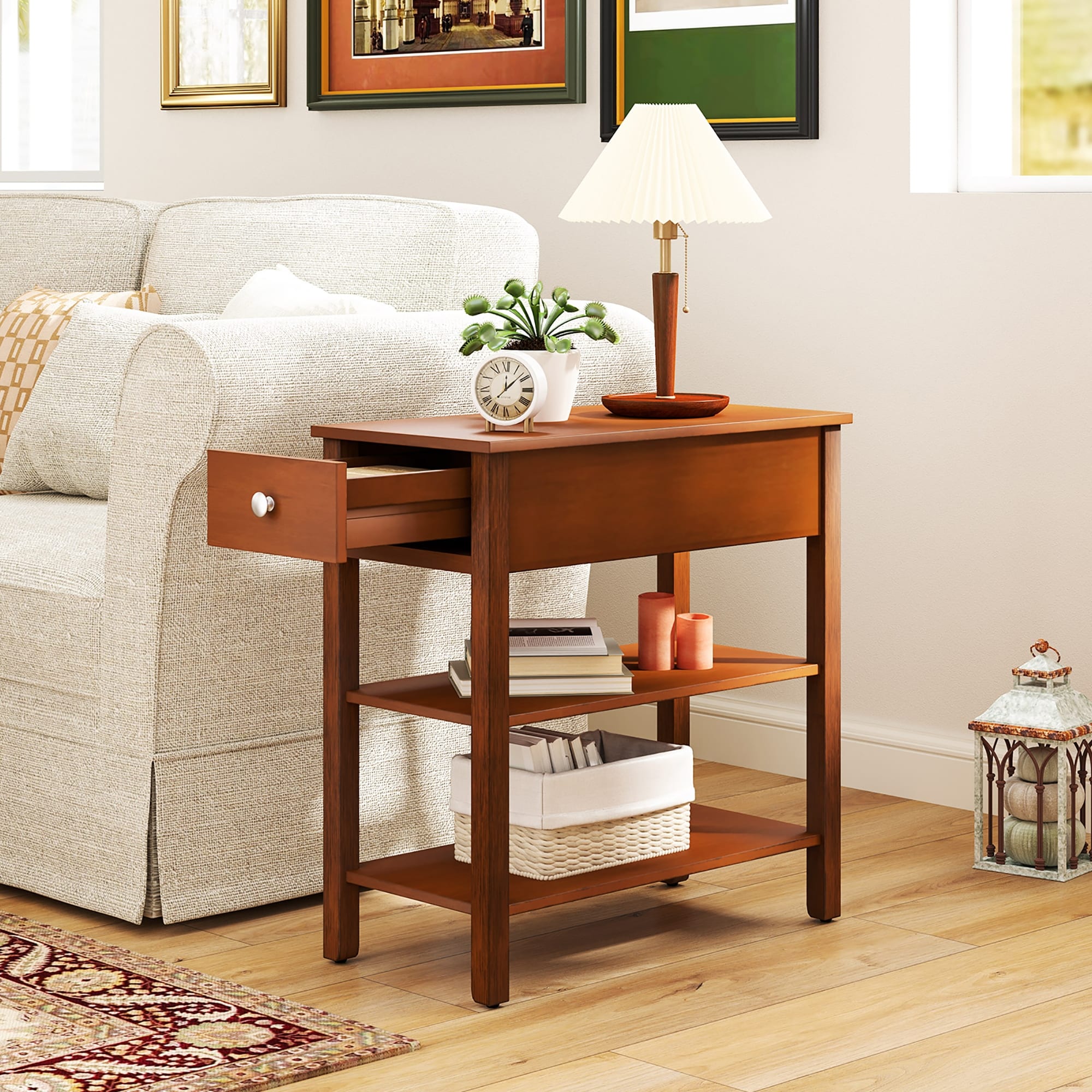 Gymax 2 PCS Narrow End Tables w/Drawer Shelves & Rubber Wood Legs
