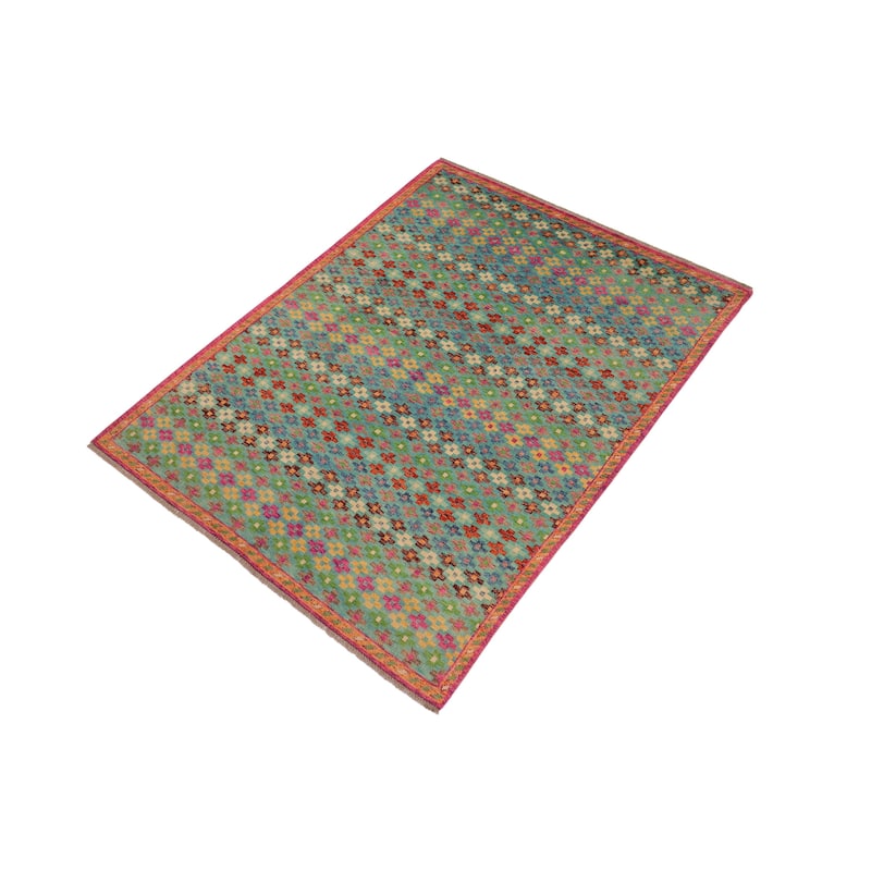 Contemporary Balochi Olson Blue/Orange Hand Knotted Wool Rug - 4'10'' x 8'3''