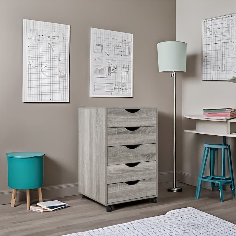 Portable 5-Drawer Wooden Cabinet with 360° Wheels, Smooth Pullout & Extra Top Storage