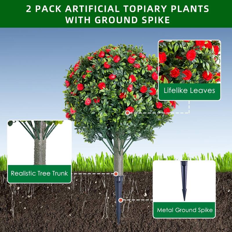 23.6" Artificial Topiary Ball Trees with Rose Flowers Set of 2