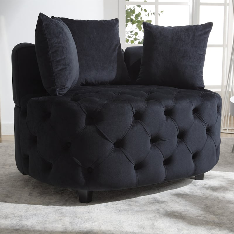 Black Modern 24" Velvet Upholstered Buttons Tufted Barrel Chair with Pillows