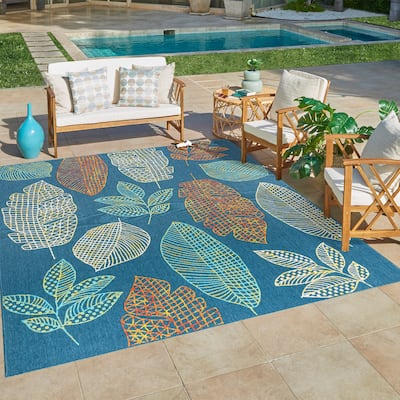 Gertmenian Jona Ananda Tropical Botanical Leaf Teal Multi-Color Indoor/ Outdoor Flatweave Area Rug